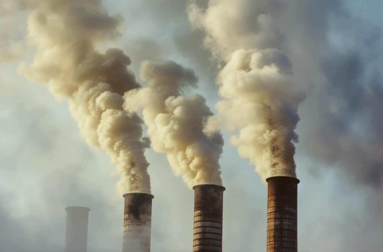 Industrial scene with three steam pipe chimneys emitting air