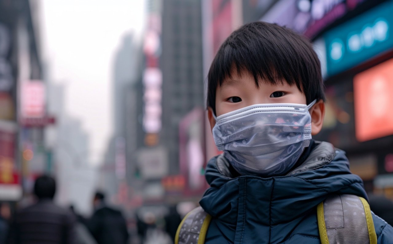 Young boy wearing face mask in busy city