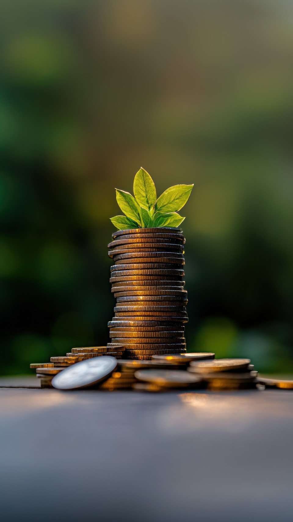 Stack of coins with green leaves growing on top against a bokeh background credit ratings concept