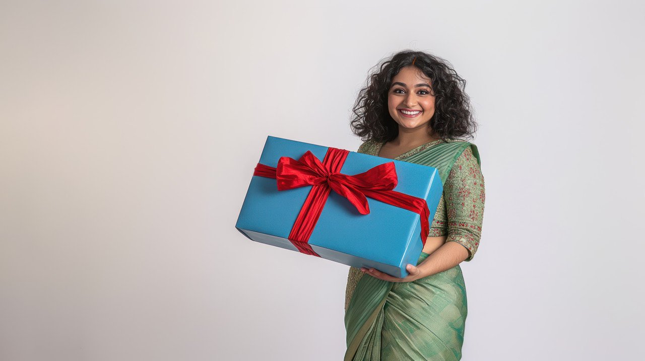 An indian woman carrying a large blue gift box with a happy expression customer needs theme