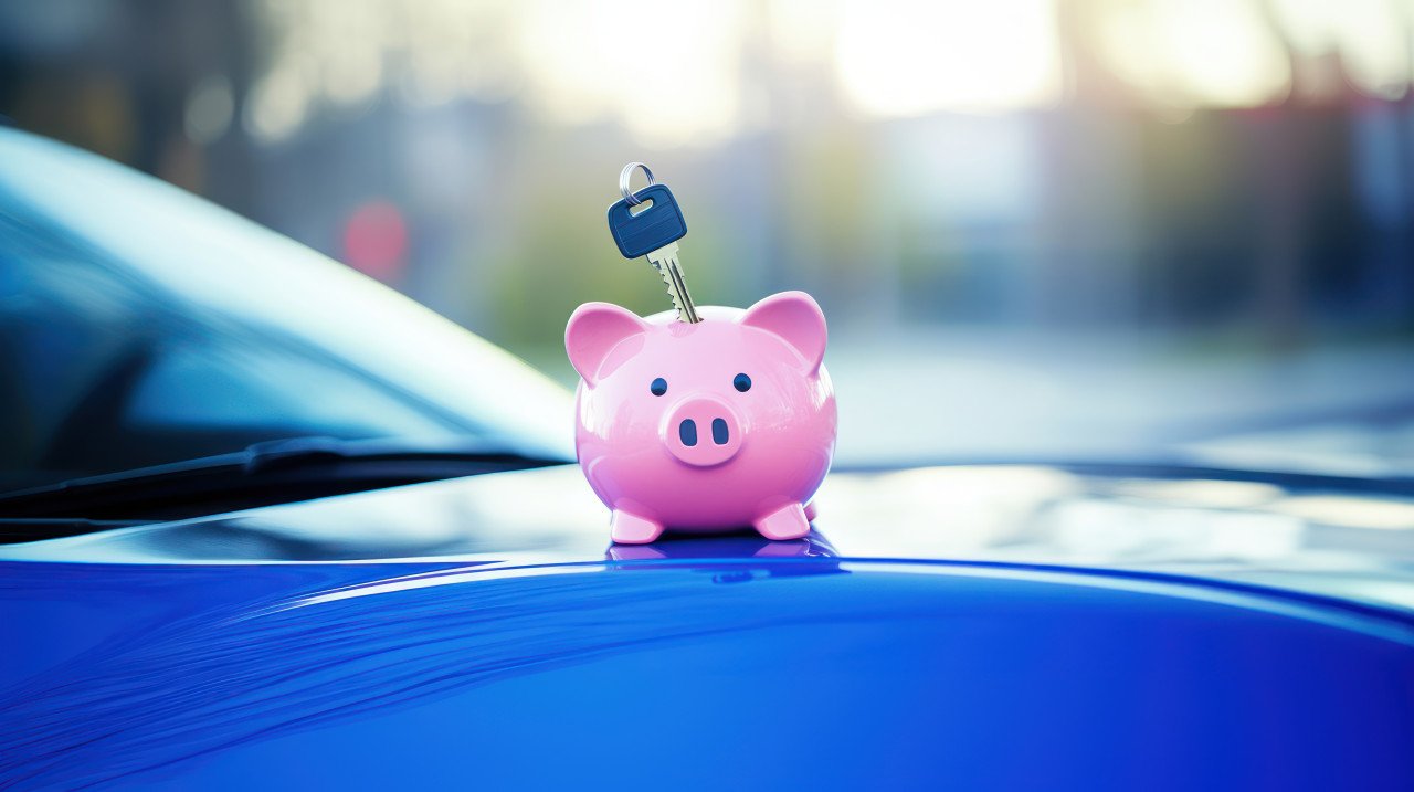Pink piggy bank with car keys sticking out placed on a modern blue car incentives concept