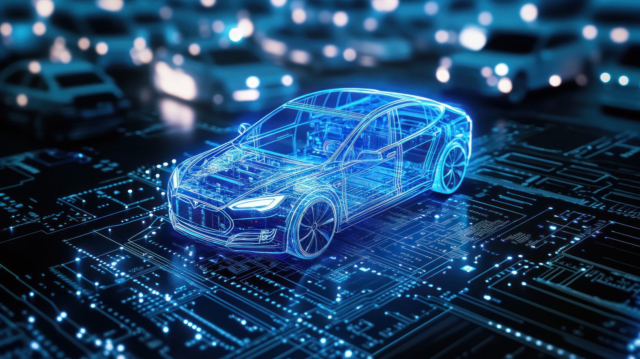 Electric car constructed from blue glowing lines on circuit board surrounded by white light and data points