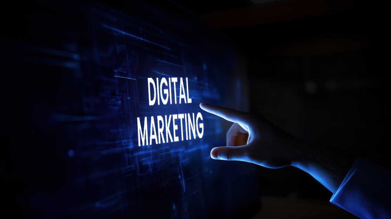 A hand touching a virtual screen displaying digital marketing
