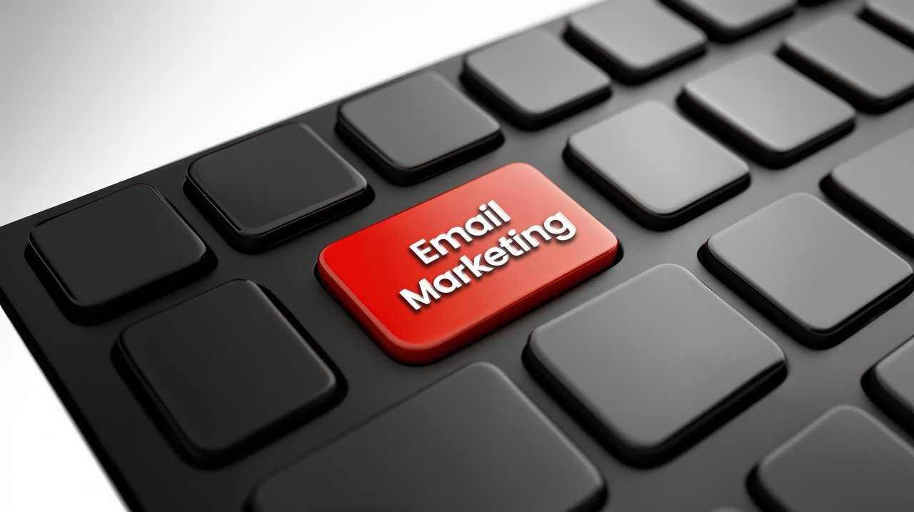 3d rendering of an email marketing button on a black keyboard with a red key
