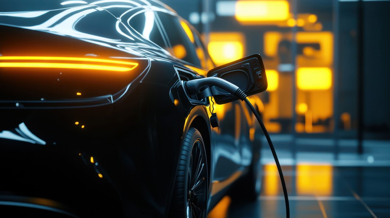 Black electric car plugged into a charger glowing orange light in the background vehicle recharging