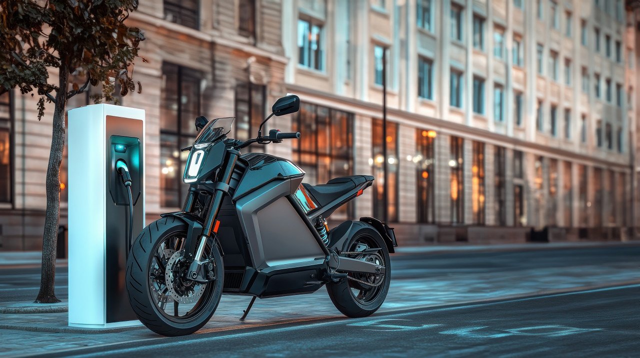 Electric motorcycle charging at an urban energy station parked on city streets electric motorcycle