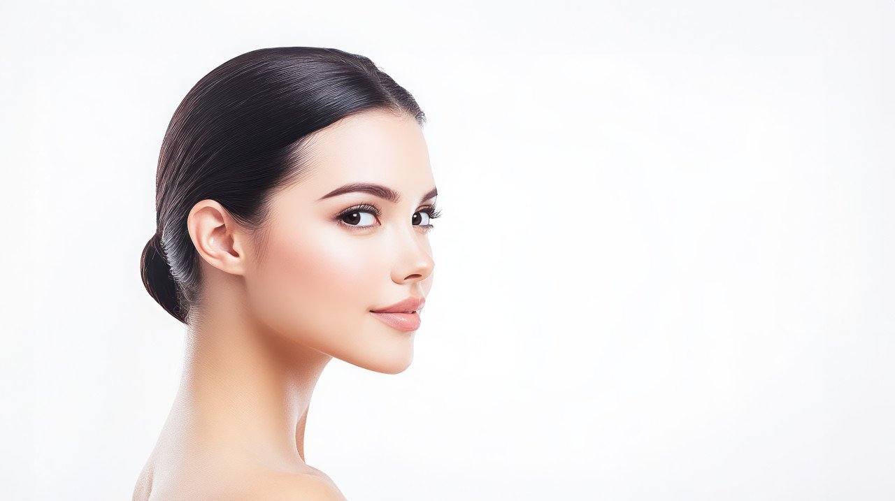 A woman with smooth skin showcasing her neck and shoulders in profile view
