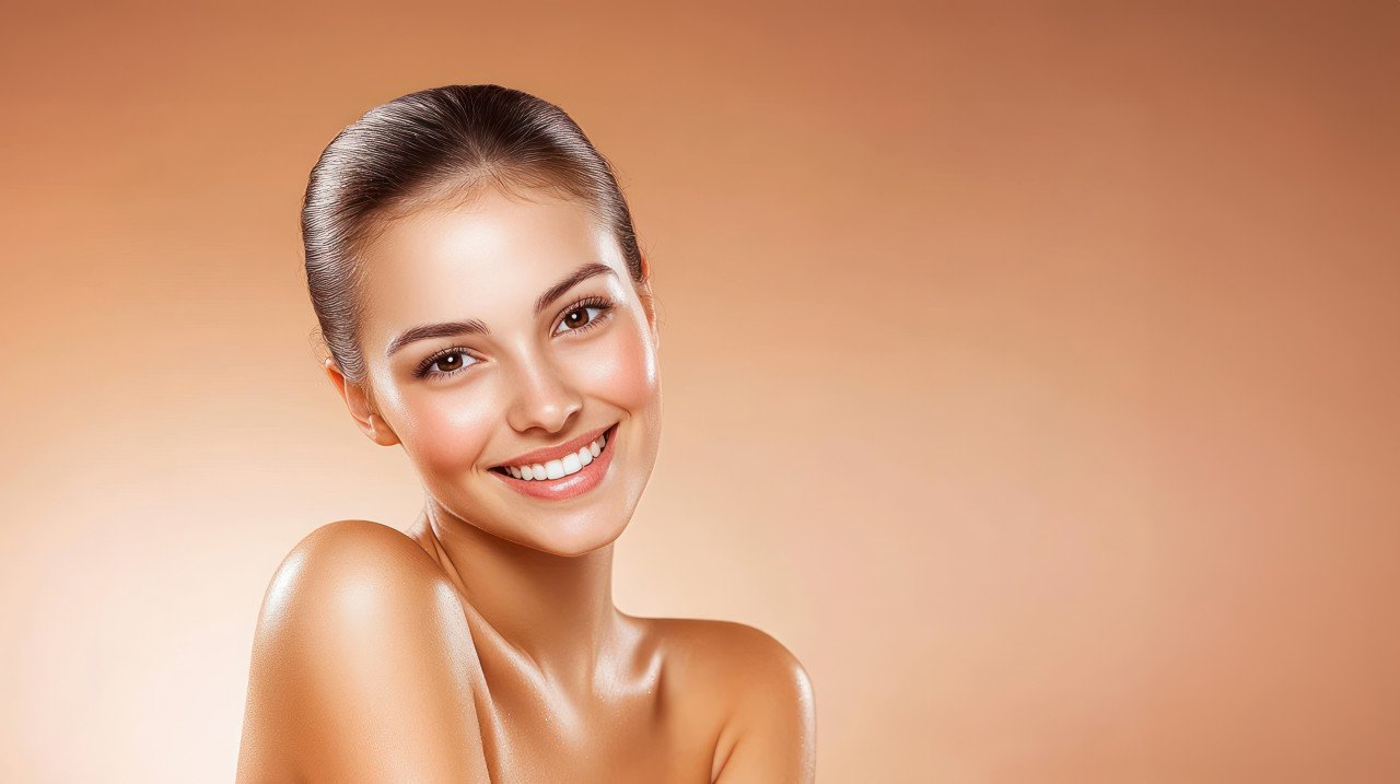 Young woman with healthy clean skin smiling and posing on a beige background