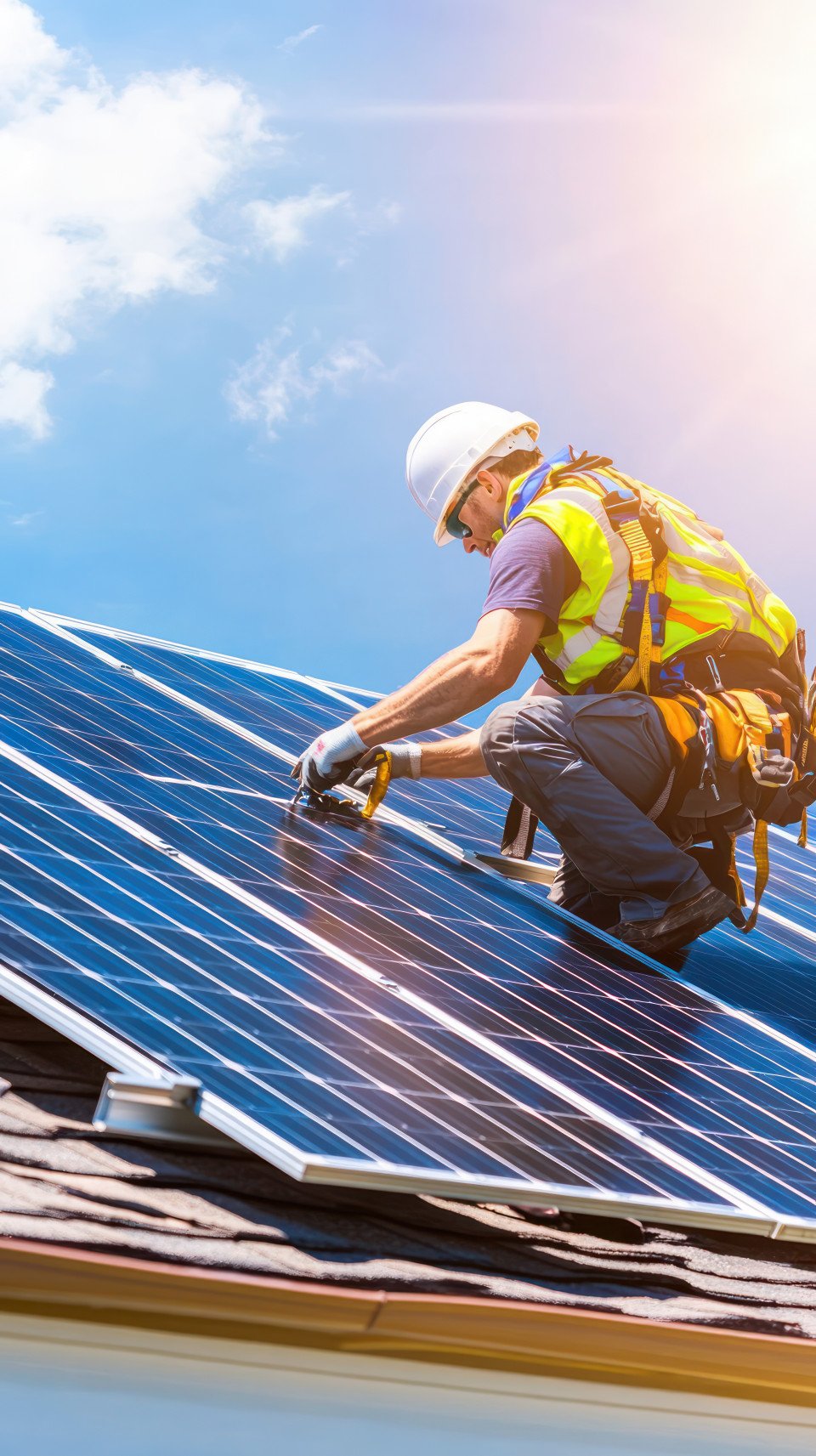Worker installing solar panels on an apartment building roof with bright sunlight and clear blue sky