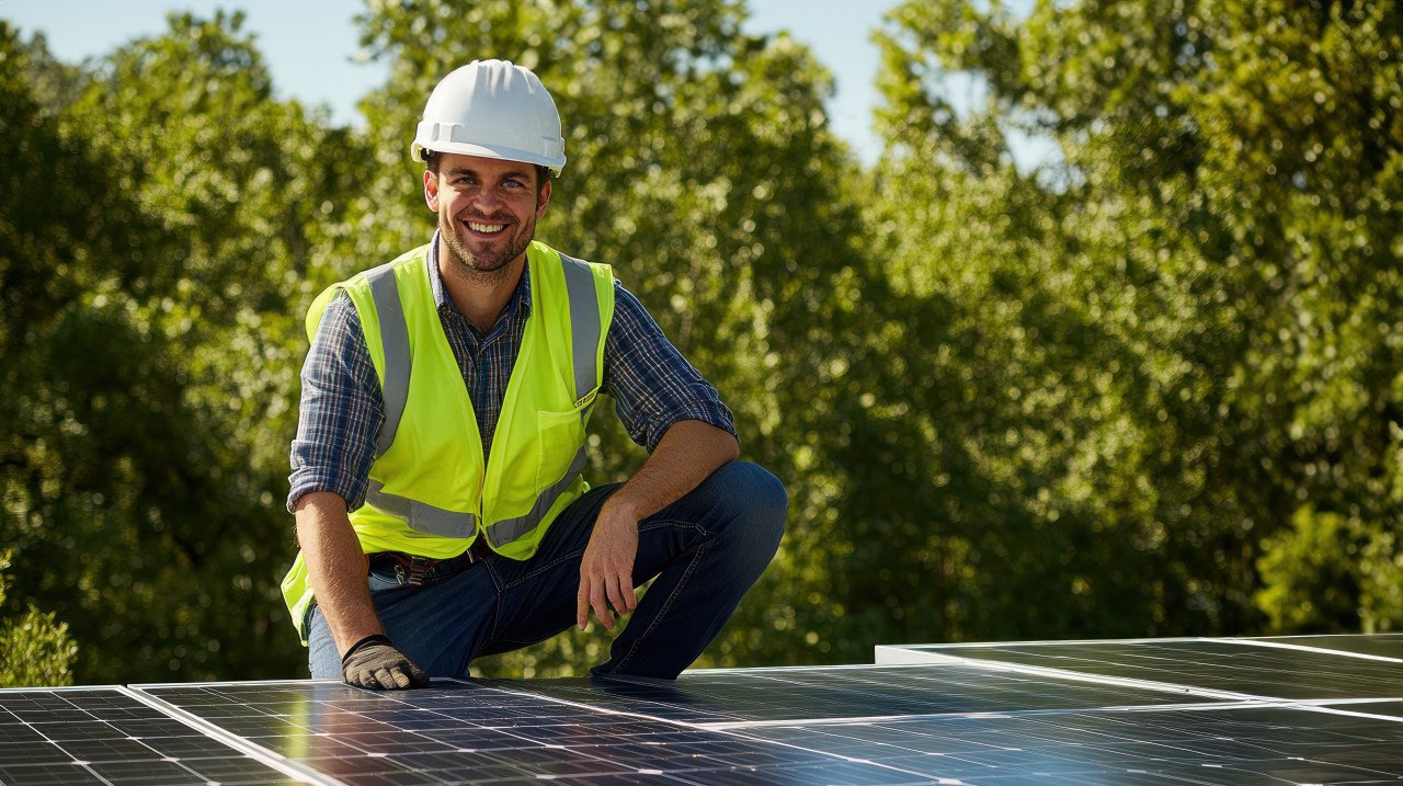 Smiling man wearing yellow vest and white helmet crouching on top of solar panels