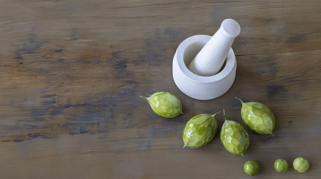 White mortar and pestle placed on an old wooden table from a top down view
