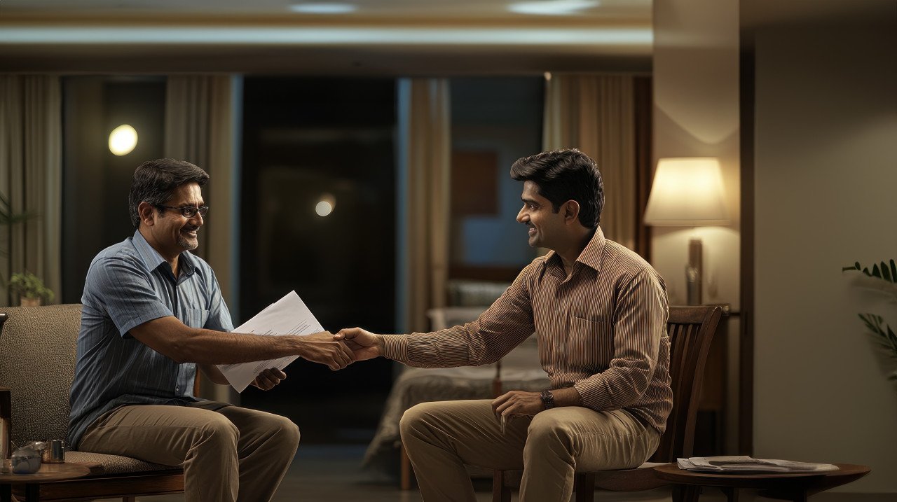 Middle aged indian man shaking hands with a bank employee while sitting in his living room