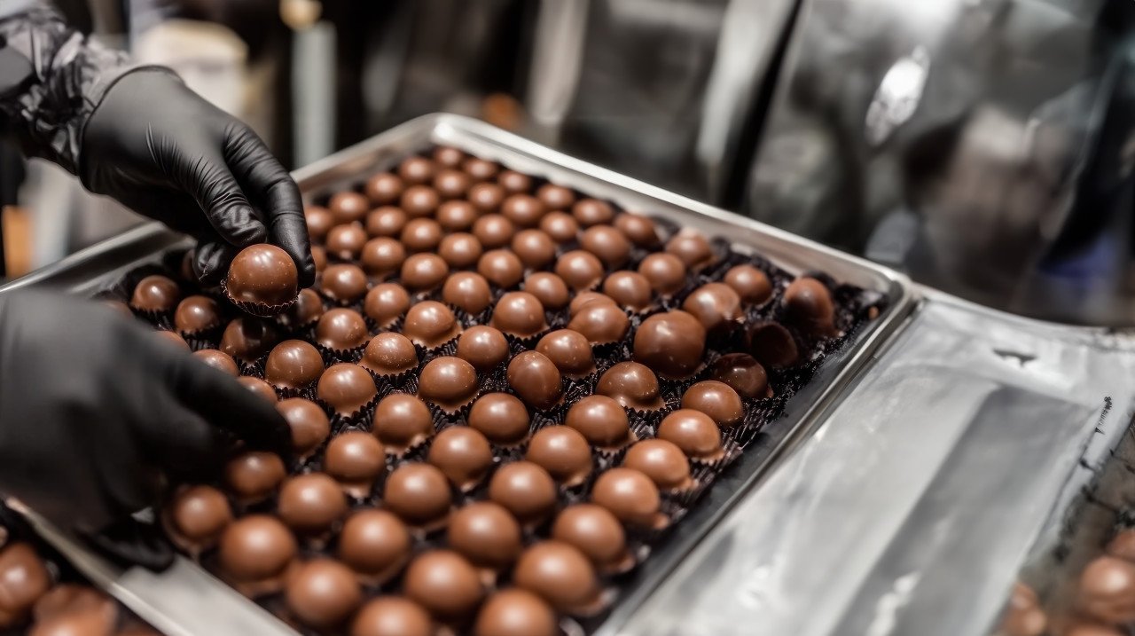 Hands in black gloves picking chocolate bonbons from an industrial tray