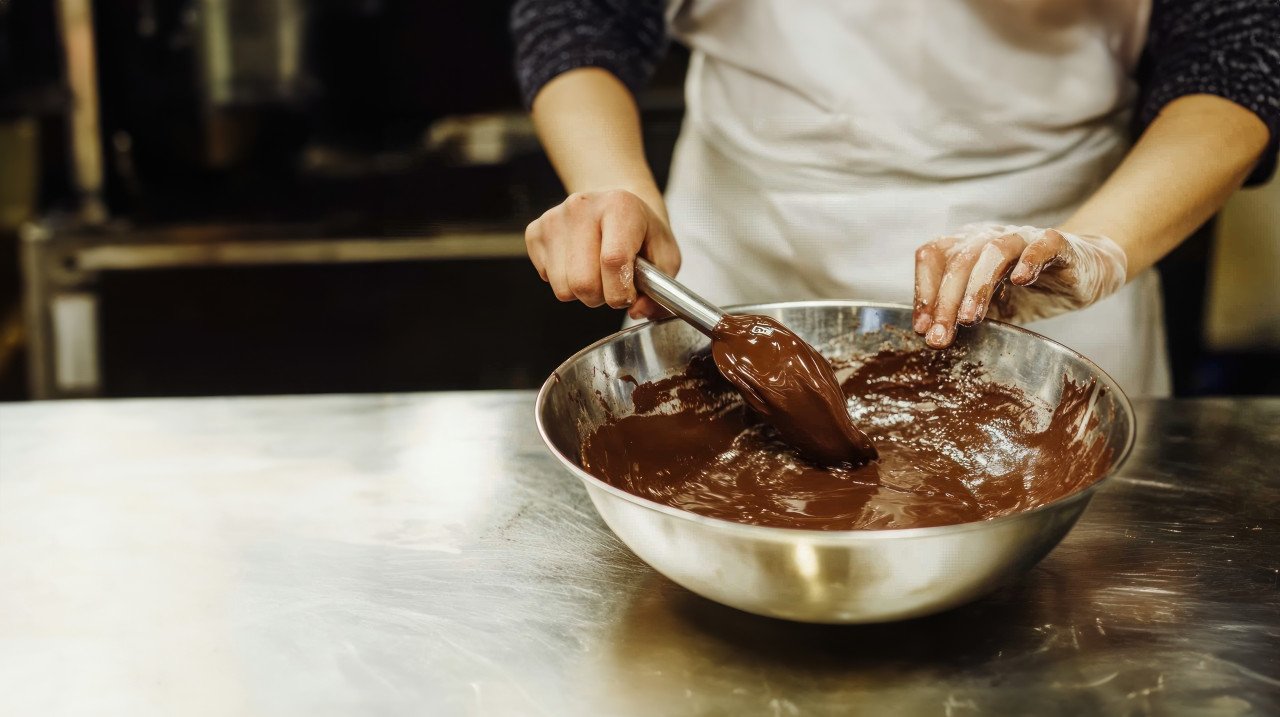 Person mixing melted chocolate in a bowl
