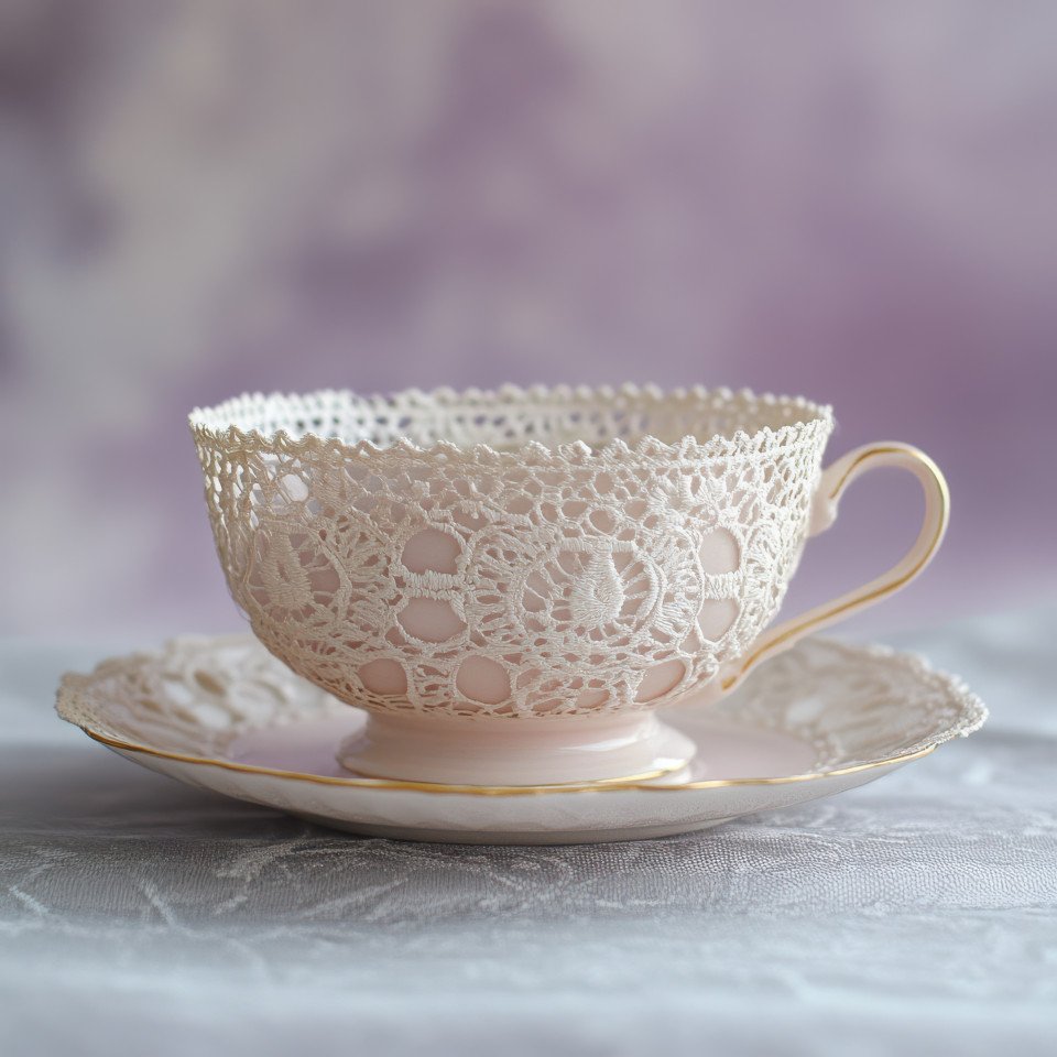 A lace styled teacup and saucer with intricate woven details elegant and delicate