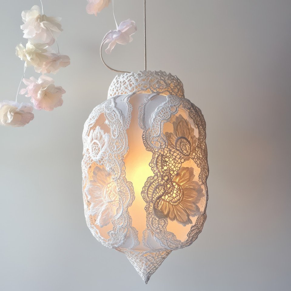 A lace cut lantern glowing at night casting delicate patterns in soft light