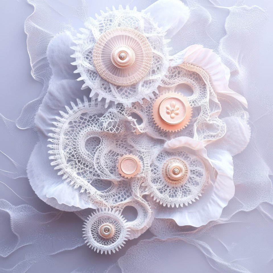 A gear made of interwoven lace combining industrial and delicate craftsmanship