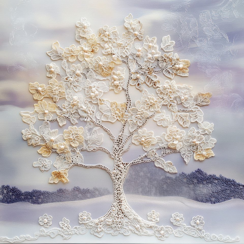 A lace styled tree with swirling leaves creating an intricate natural pattern