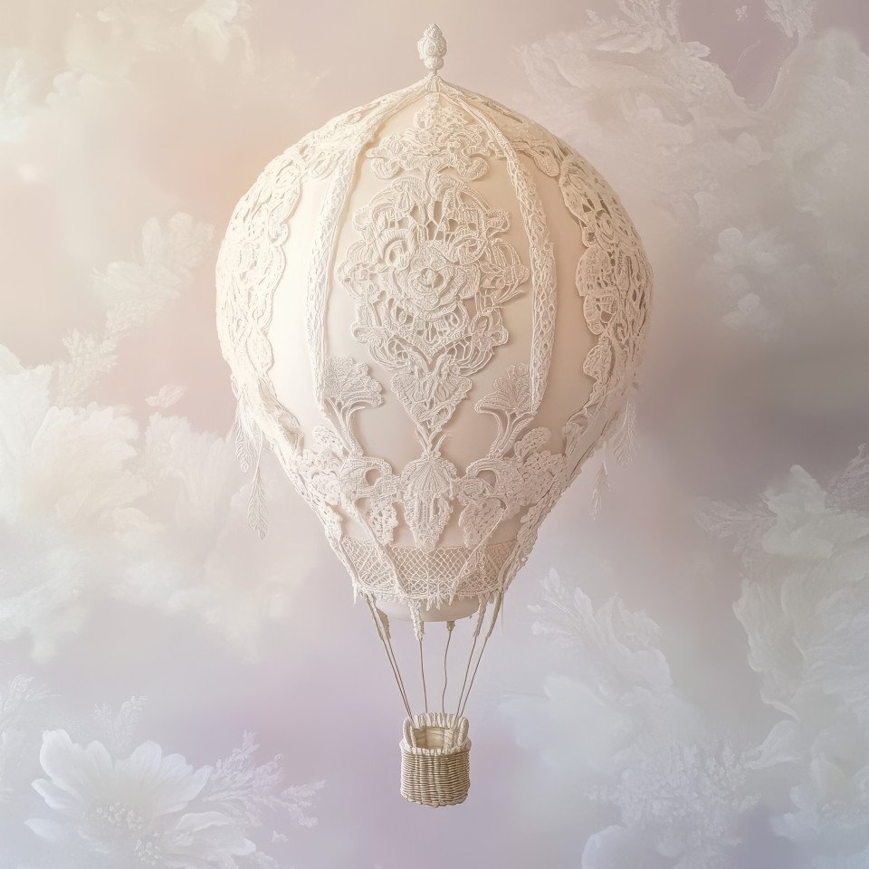A lace designed hot air balloon floating gracefully detailed with delicate patterns