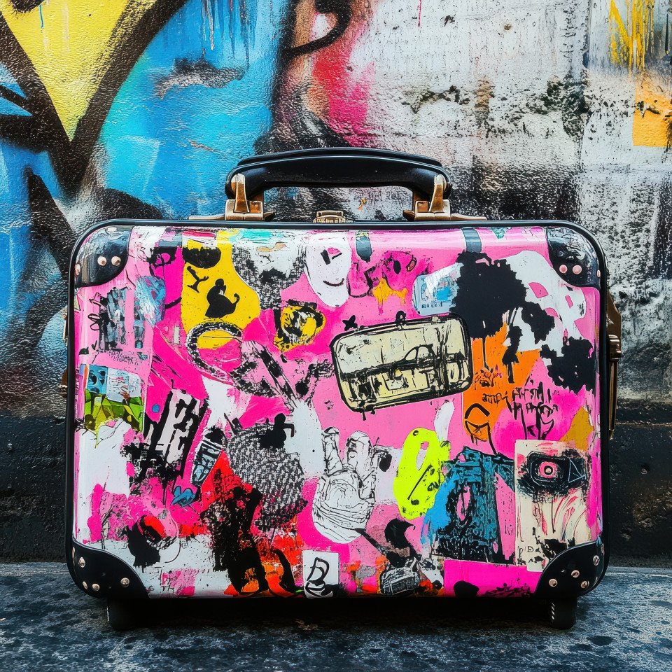 Suitcase covered in vibrant street art stickers spray painted in banksy graffiti style