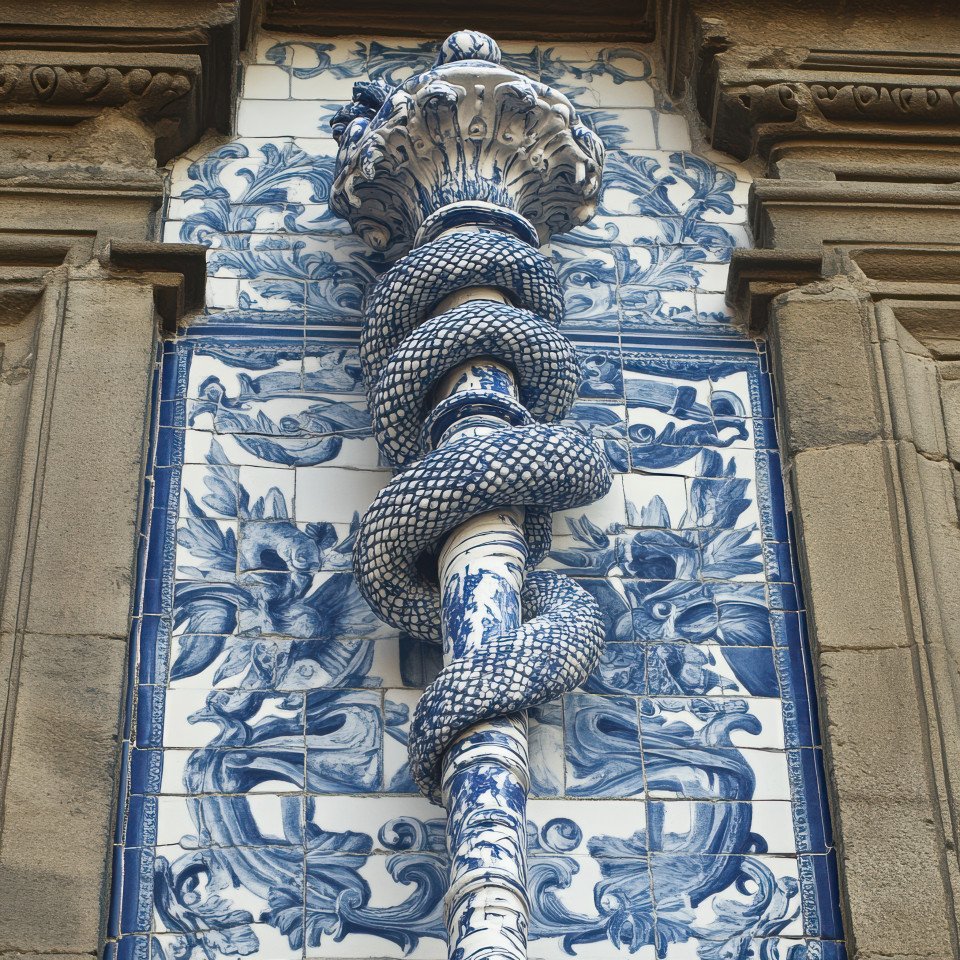 Serpent wrapped rod of asclepius in blue and white tile