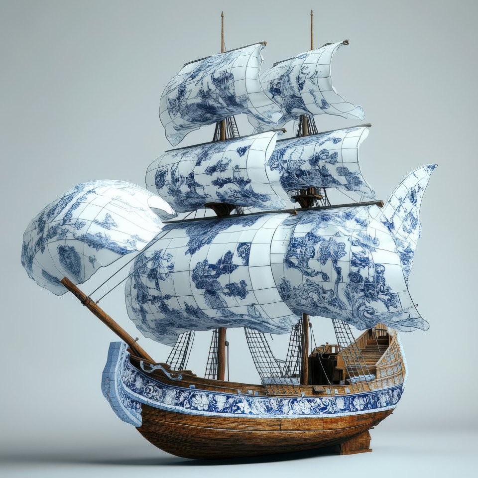 Caravel ship with wind filled sails in blue and white tile