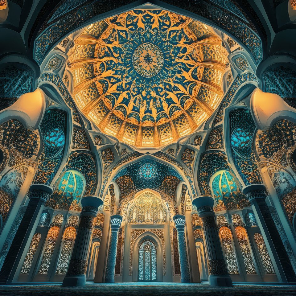 Grand mosque with intricate domes and arabesque architecture