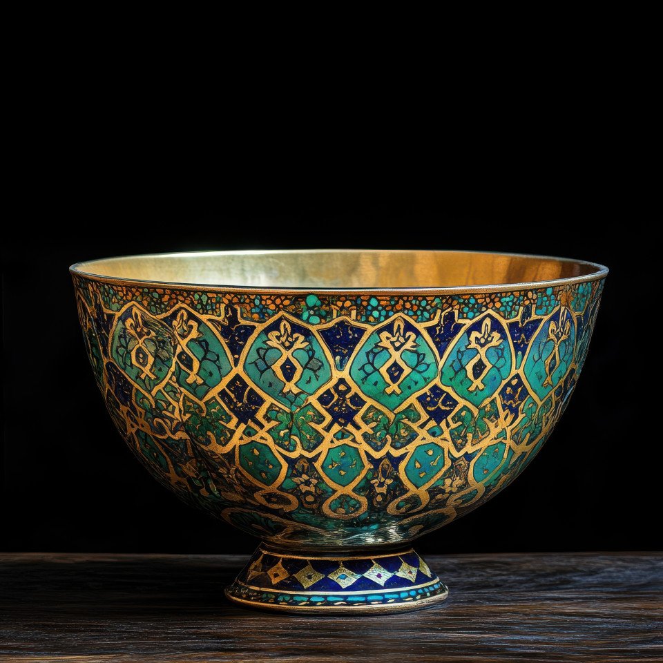 Healing herbs arranged in a decorative bowl with arabesque floral patterns