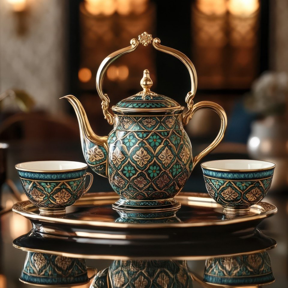 Elegant tea set adorned with arabic patterns and arabesque floral designs