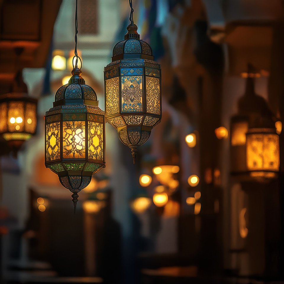 Lanterns glowing warmly in a vibrant souk