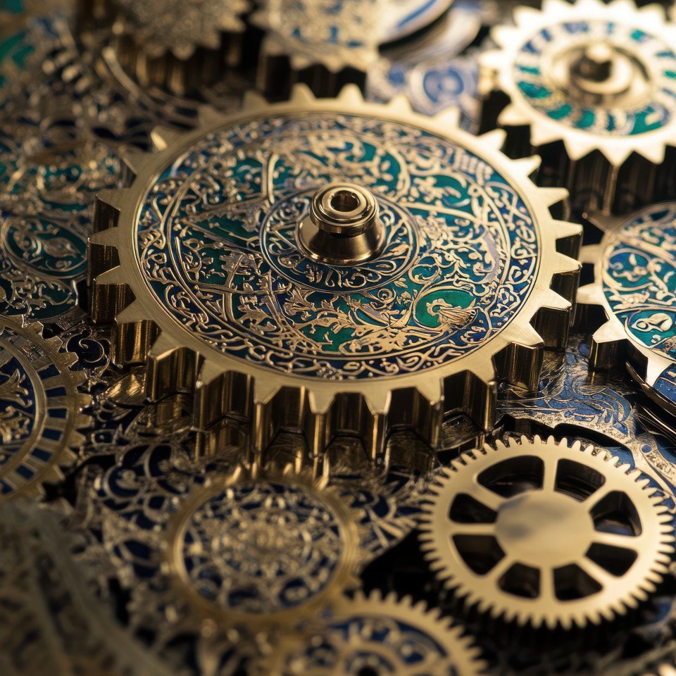 Engraved brass gears interlocked in geometric harmony