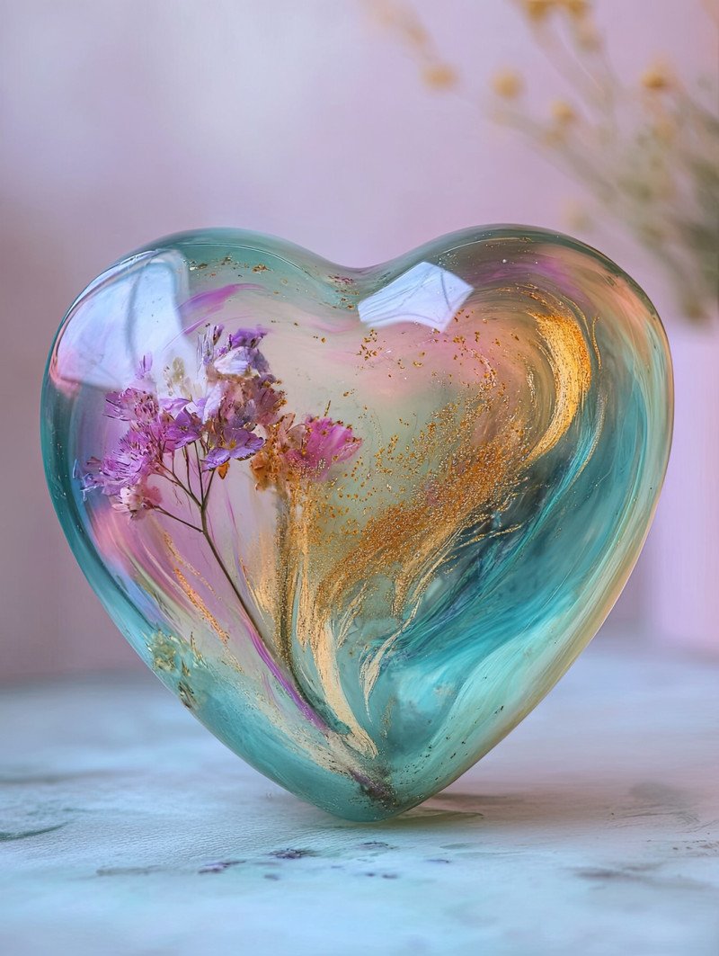 A resin heart with floral inclusions