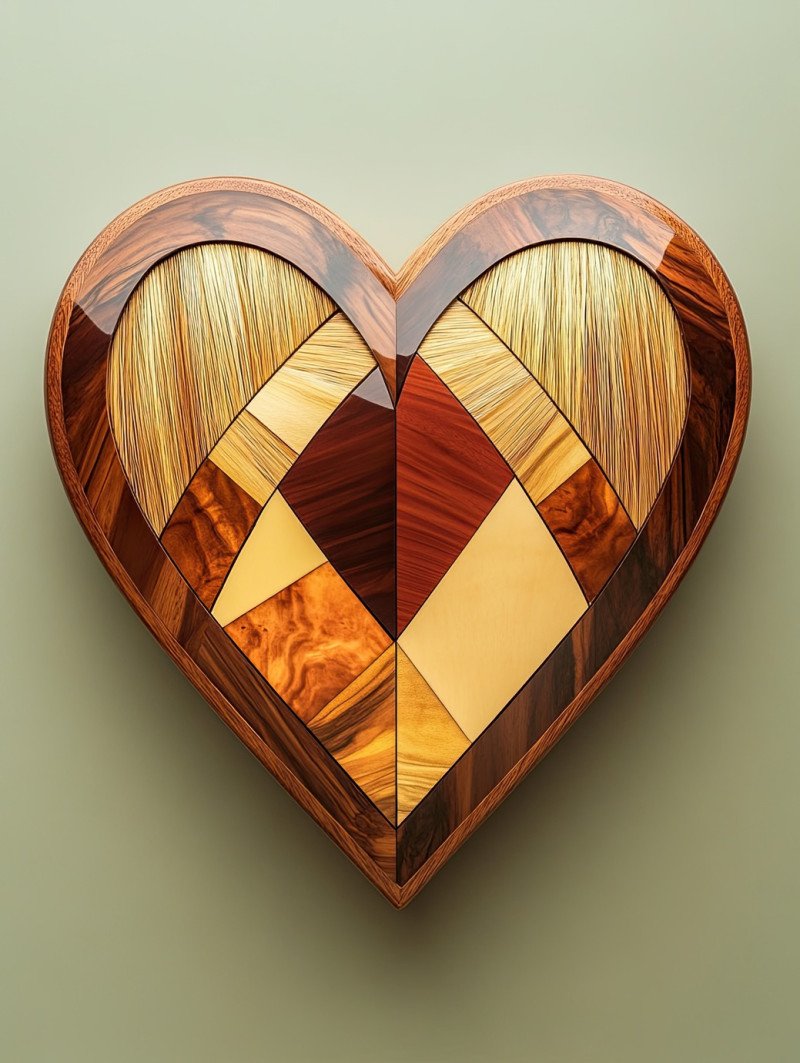 A heart created with delicate marquetry wood inlays