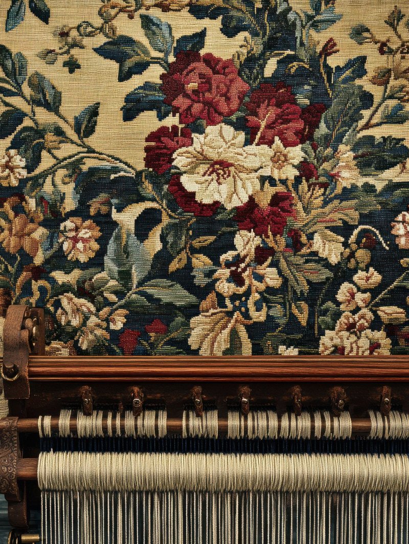 Looms and gears in a woven textile design