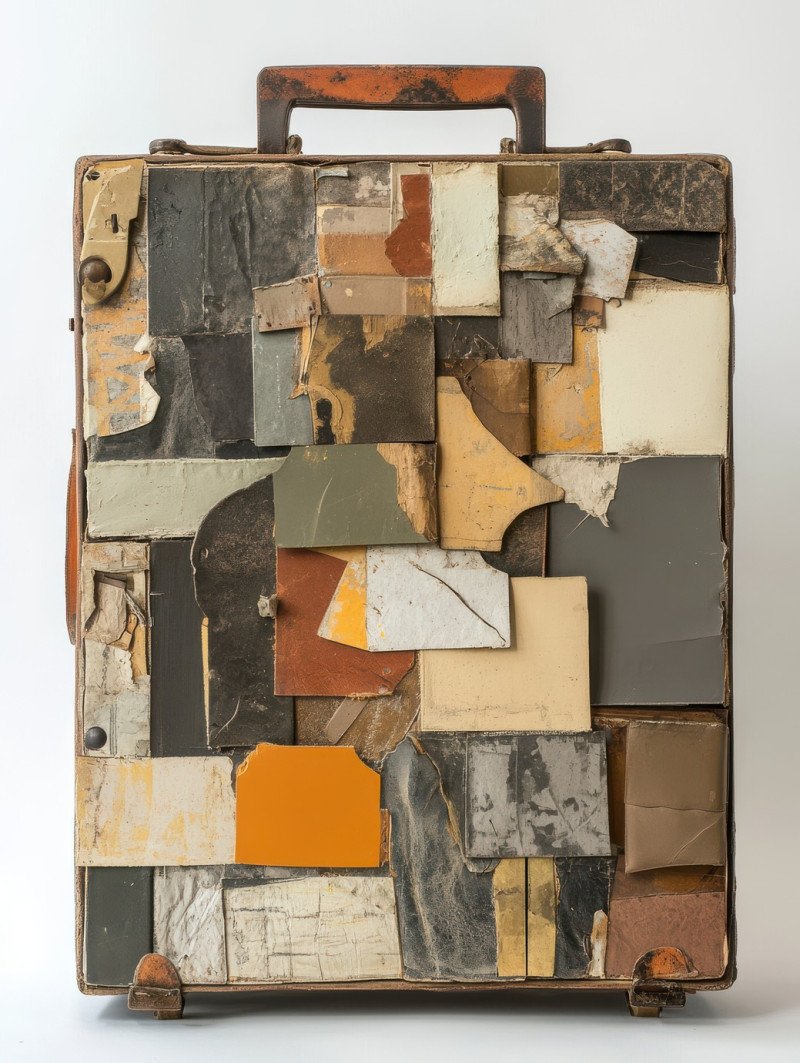 A suitcase made of leather and mixed materials