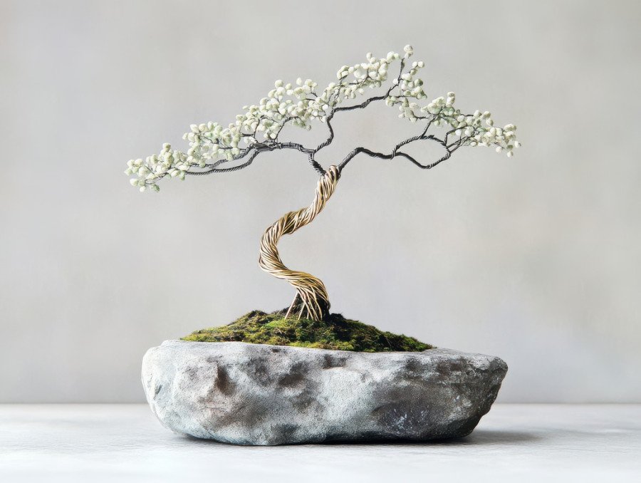 Mini bonsai tree perched on a smooth stone ledge