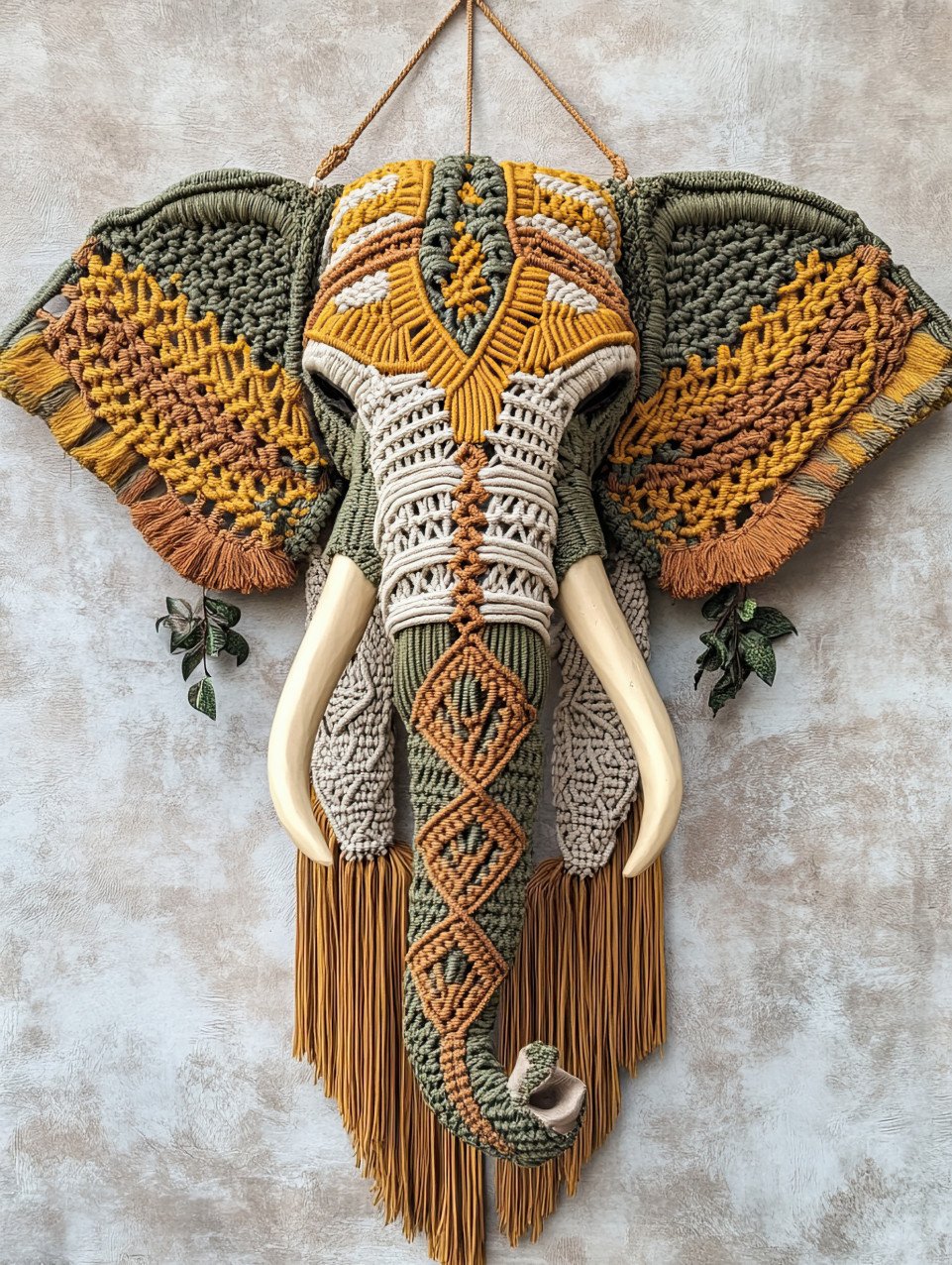 Majestic elephant adorned with intricate macrame patterns