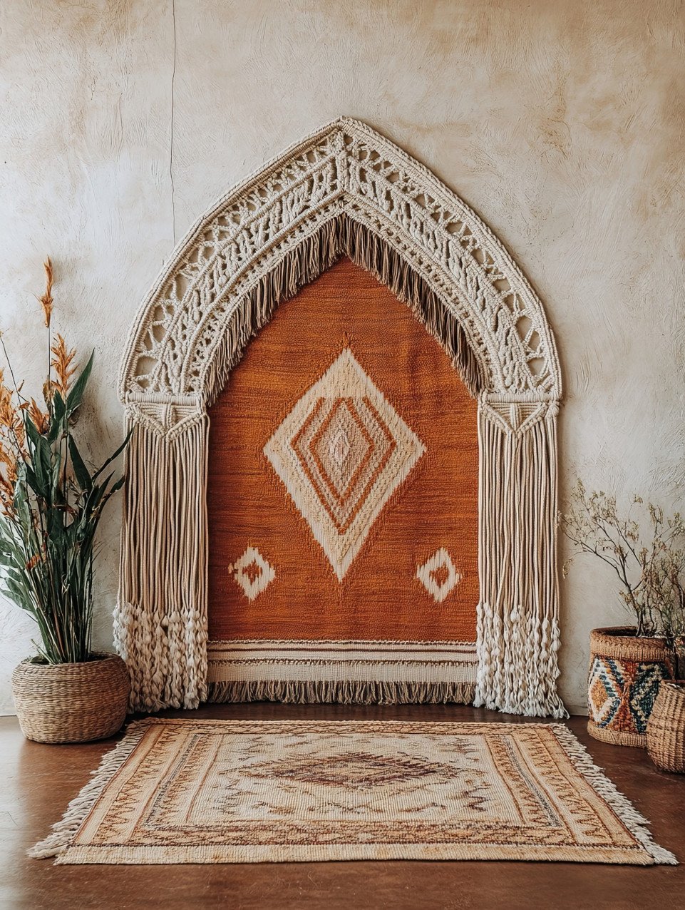 Boho style arched doorway created with macrame knots