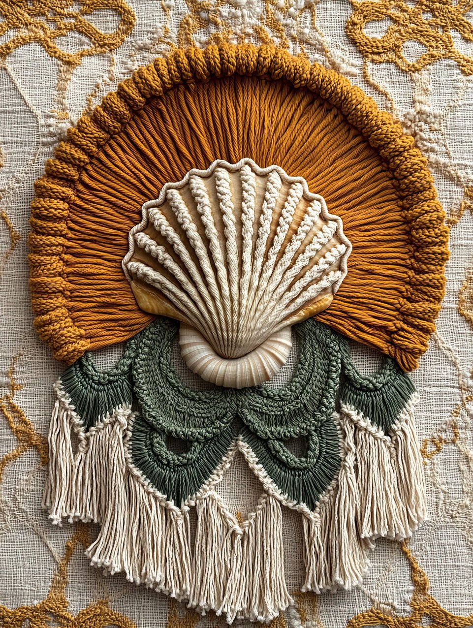Seashell surrounded by flowing macrame waves