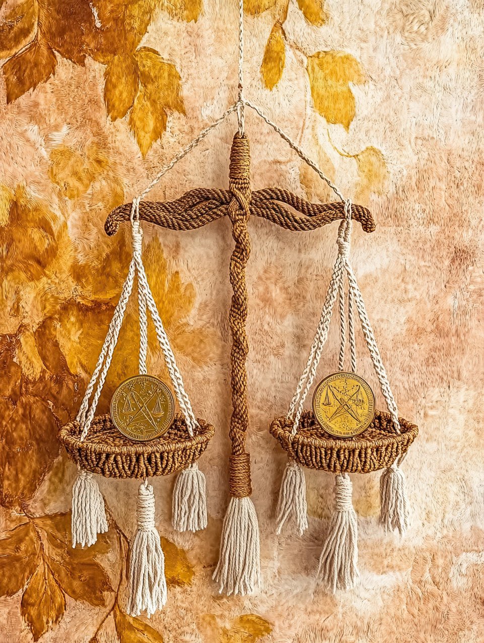 Balance scale or coin framed with macrame