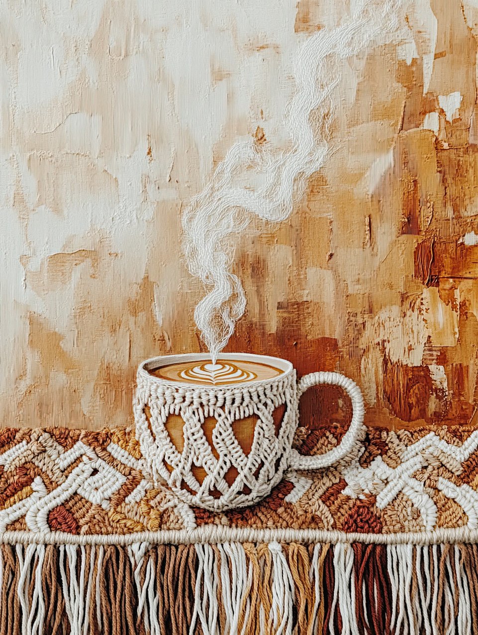 Cup of coffee with macrame steam rising