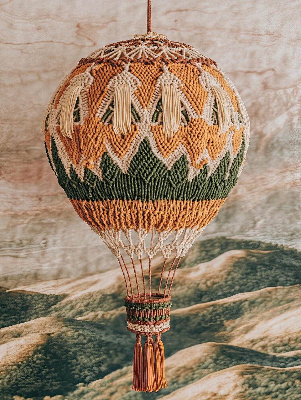 Macrame hot air balloon floating above hills
