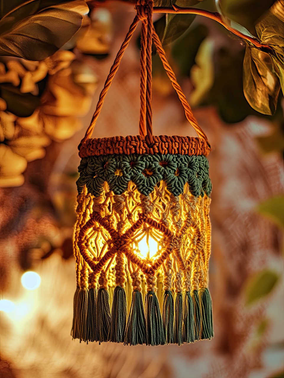 Glowing macrame lantern in a festive night