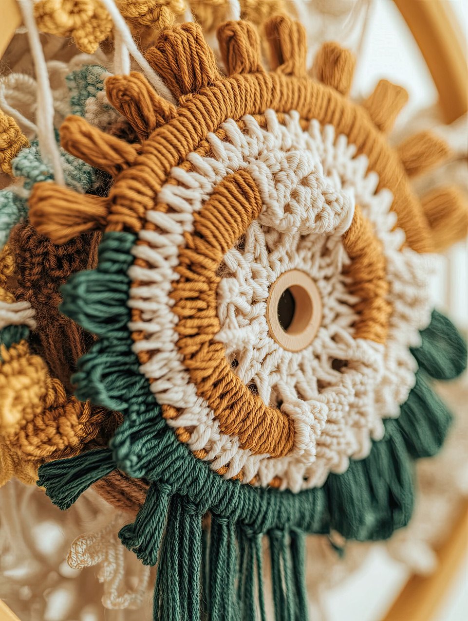 Macrame gearwheel with woven threads