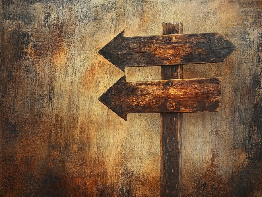 Old wooden signpost with directional arrows