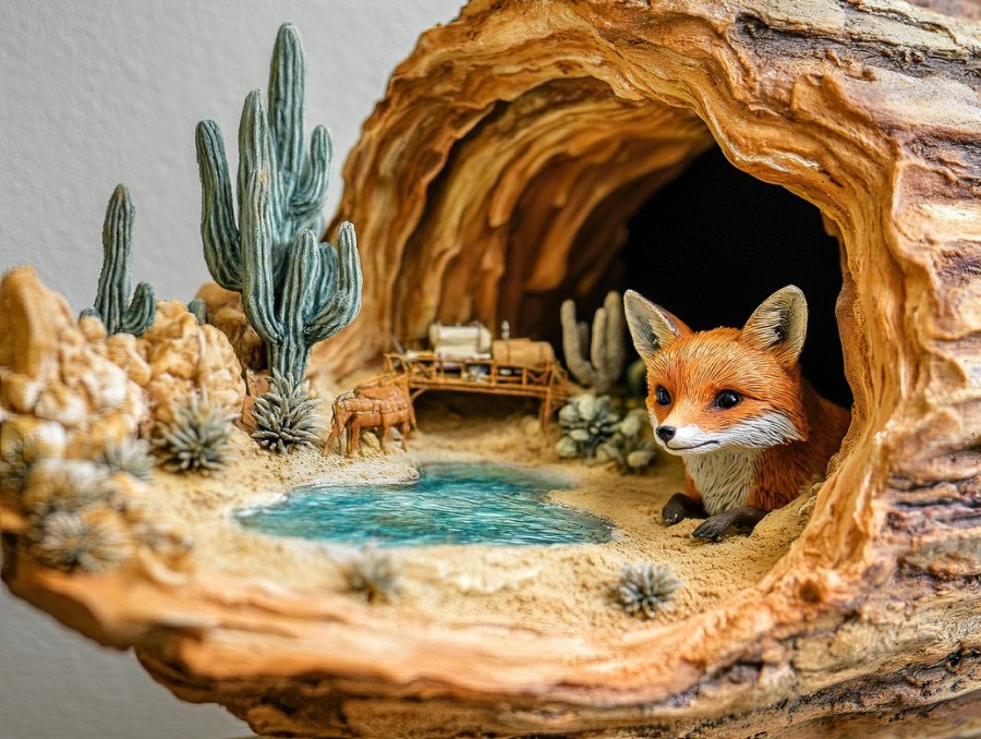 Curious fox peeks from a hollow log in a miniature forest scene