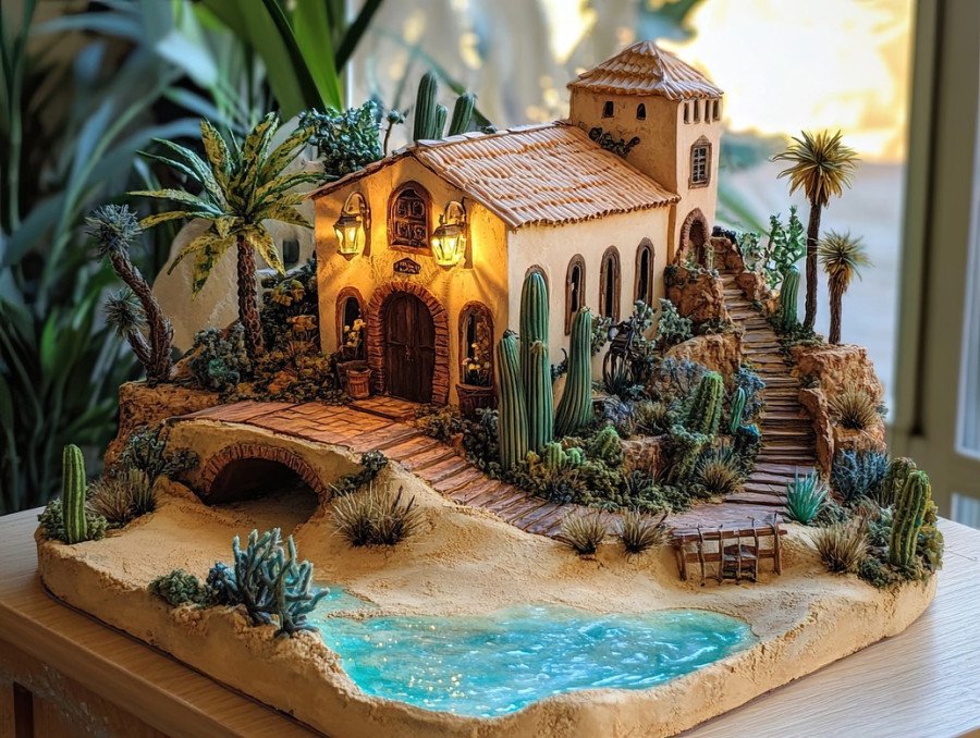 Cozy cottage with a garden path in a miniature diorama