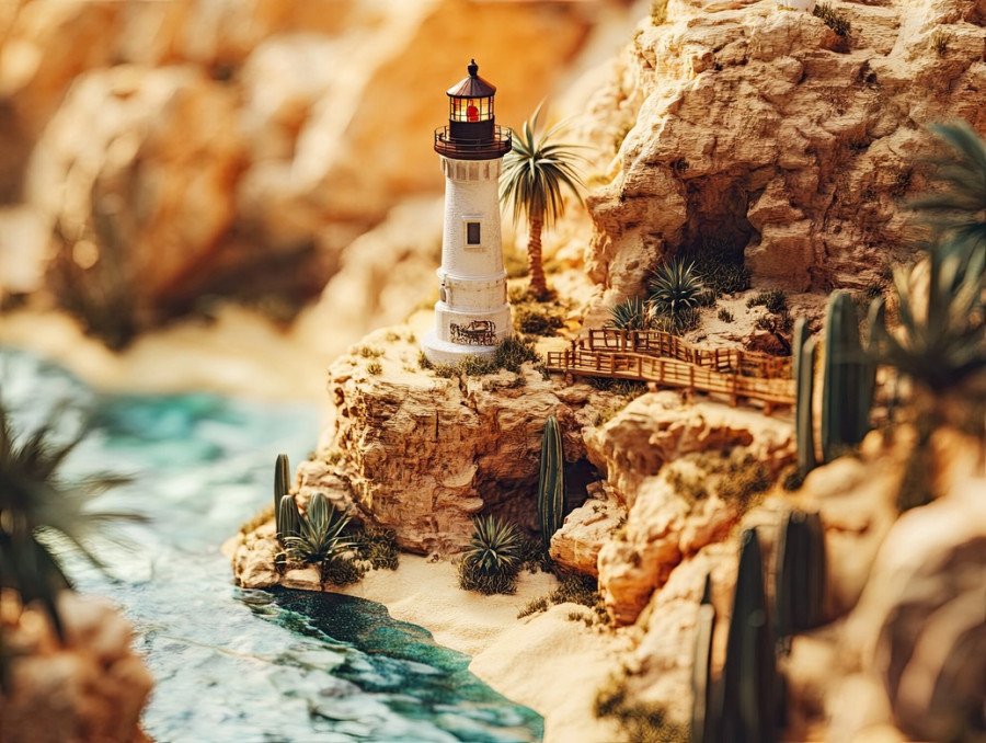 Lighthouse stands on a rocky cliff in a scenic diorama