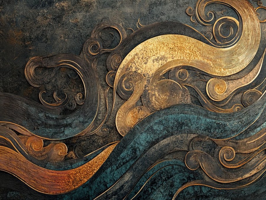 Temple roof adorned with layered woodgrain textures