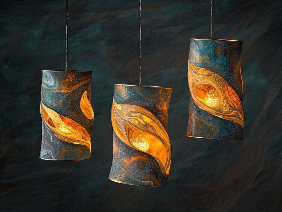 Floating lanterns glow with flame like marbled patterns